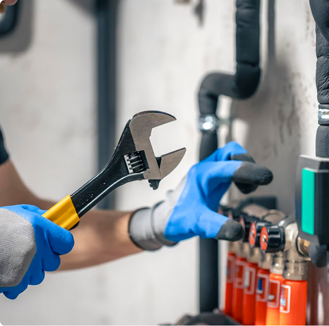 A person in blue gloves uses a large adjustable wrench to adjust valves on a pipe system, showcasing expert Plumbing Services from Impact Plumbing in Las Vegas NV.