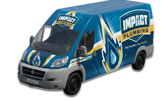 A blue Impact Plumbing van in Las Vegas NV, featuring a large water droplet graphic, yellow-and-white accents, and the text Real Plumber. Real Impact. Visit the website for top-notch plumbing services.