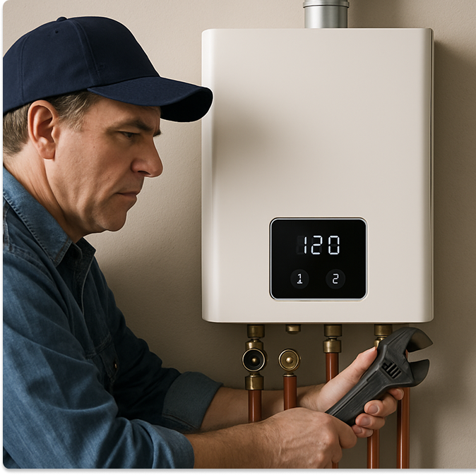 A man wearing a navy cap and denim shirt uses a wrench to adjust copper pipes beneath a wall-mounted tankless water heater displaying 120 on its digital screen, showcasing expert Plumbing Services from Impact Plumbing in Las Vegas NV.