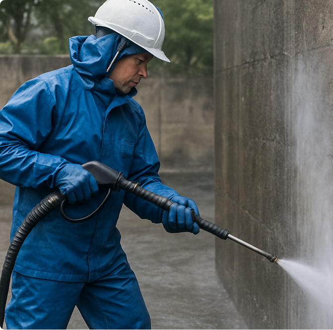 A person wearing a blue protective suit, gloves, and a white helmet is using a pressure washer to clean a concrete wall outdoors in Las Vegas NV for Impact Plumbing’s professional plumbing services.