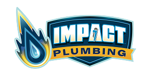 Logo for Impact Plumbing, a Las Vegas NV plumbing services company, featuring a blue and yellow water droplet on a shield. IMPACT is in bold blue letters above a yellow banner with PLUMBING in blue letters.