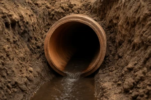 A large clay drainage pipe surrounded by soil, with a small stream of water flowing out of the pipe and into a narrow channel in the earth, showcases the type of issues Impact Plumbing in Las Vegas NV expertly handles with their reliable plumbing services.
