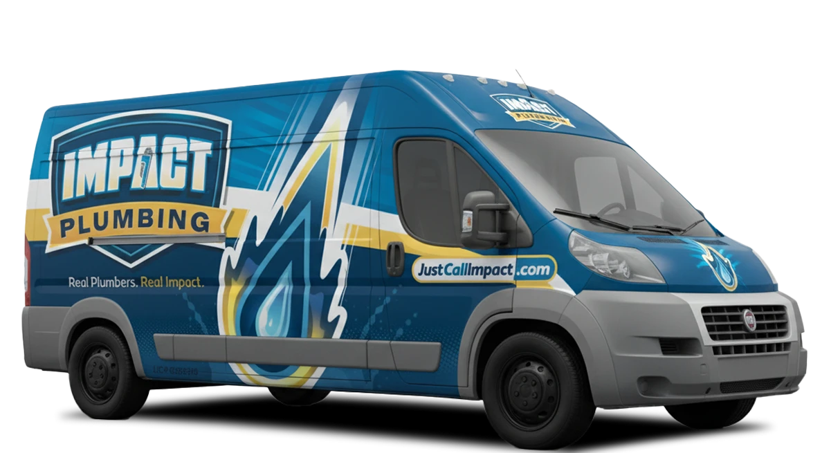 A blue van with “Impact Plumbing” branding, a large water droplet graphic, and the website “JustCallImpact.com” on the side and hood. The slogan “Real Plumbers. Real Impact.” highlights trusted plumbing services in Las Vegas NV.
